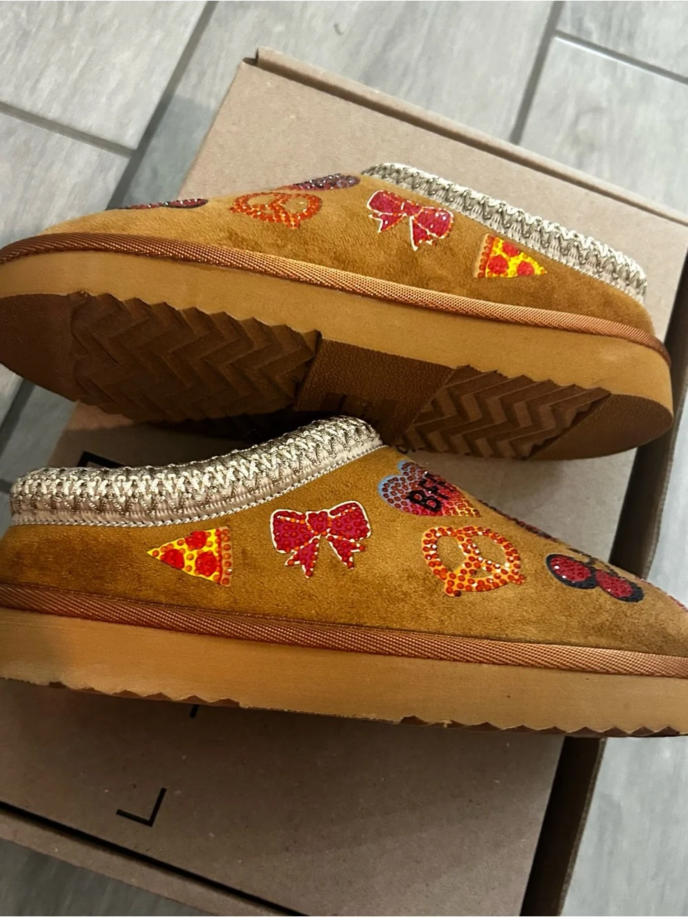 Steve Madden Kids Tan Slip-On Shoes with Multicolor Sequin Patches